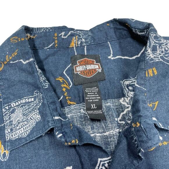 HARLEY-DAVIDSON Linen-Blend Short-Sleeve Route 66 Graphic Button-Up Size XL - Picture 2 of 6